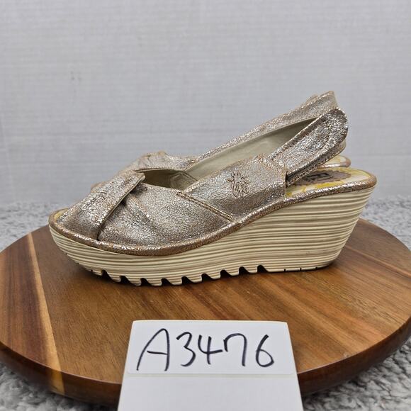 Fly London Yakin Rose Gold Glittery Peep Toe Slingback Wedge Sandal Womens 37 - Picture 1 of 13